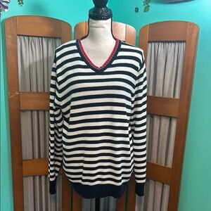 Italian Striped V-Neck Sweater - Blue and White